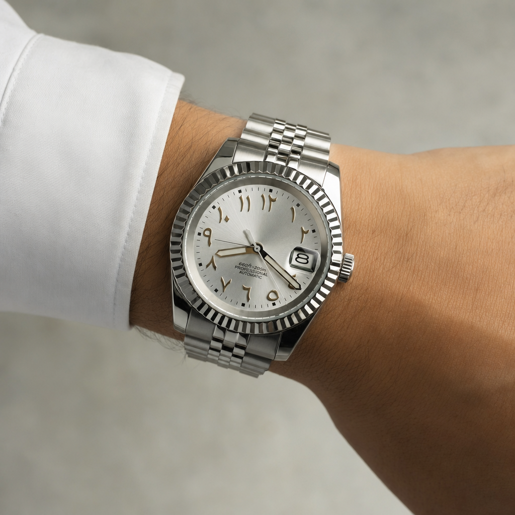 Montre Seiko mod SEIKOJUST Arabic silver portée au poignet — Time2Seiko