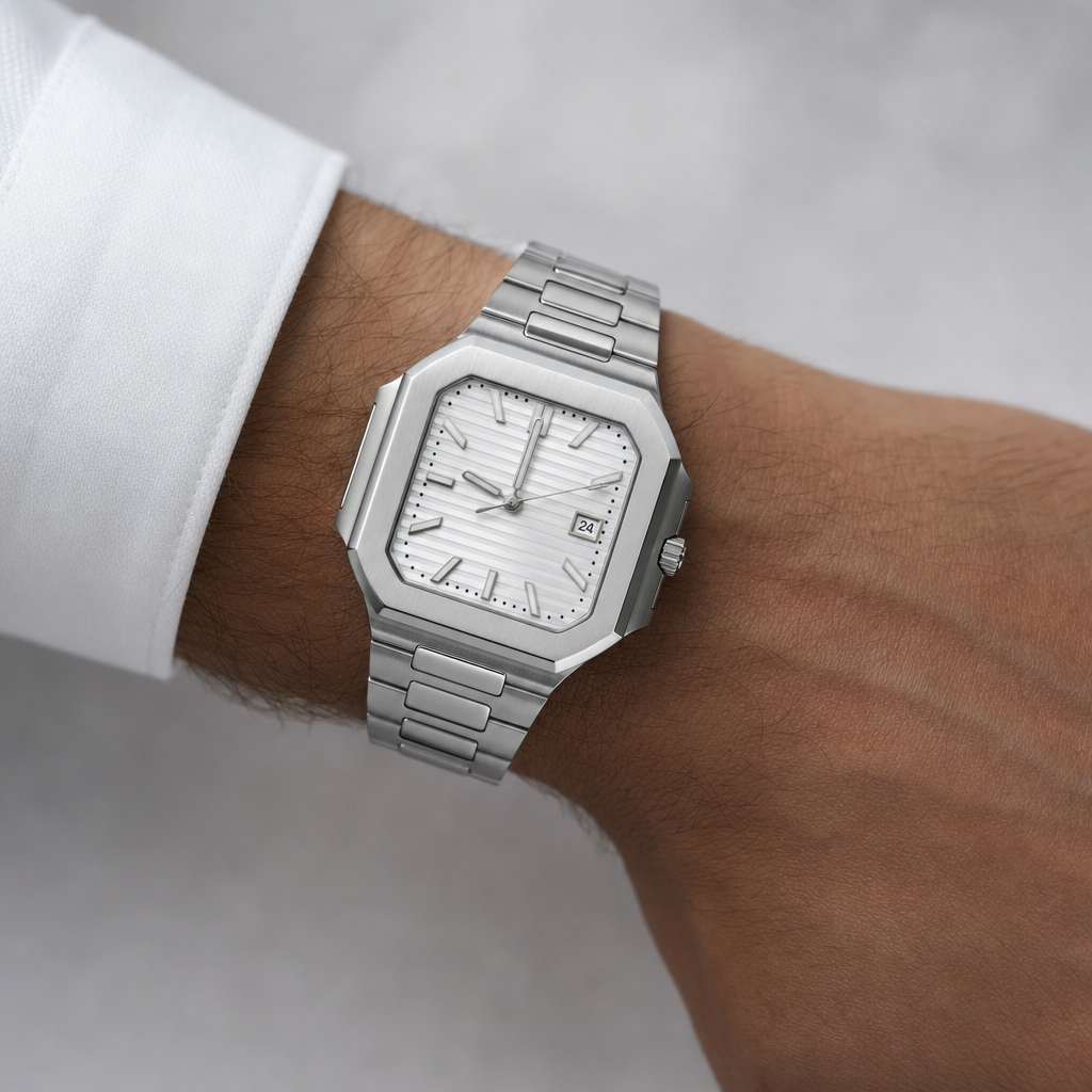 Montre Seiko mod SEIKOCUB blanche portée au poignet — Time2Seiko