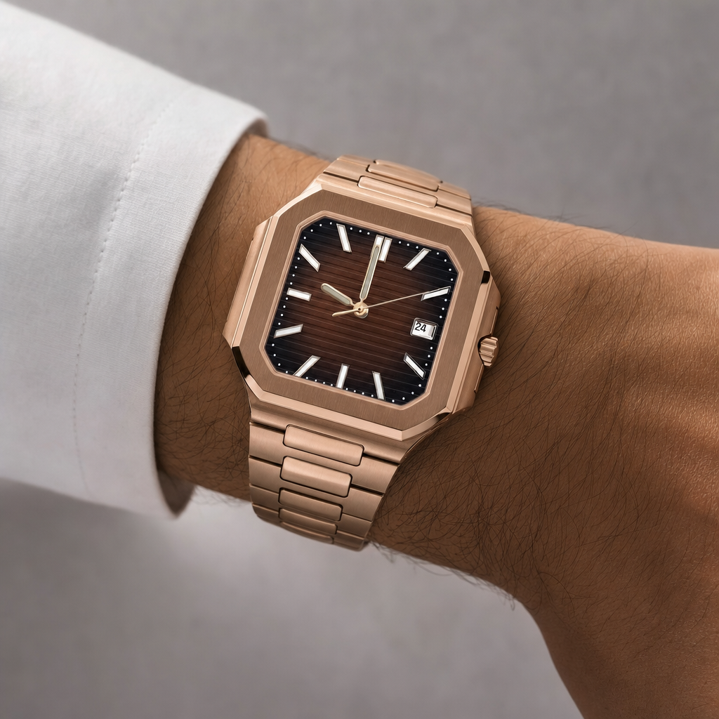 Montre Seiko mod SEIKOCUB or rose marron portée au poignet — Time2Seiko