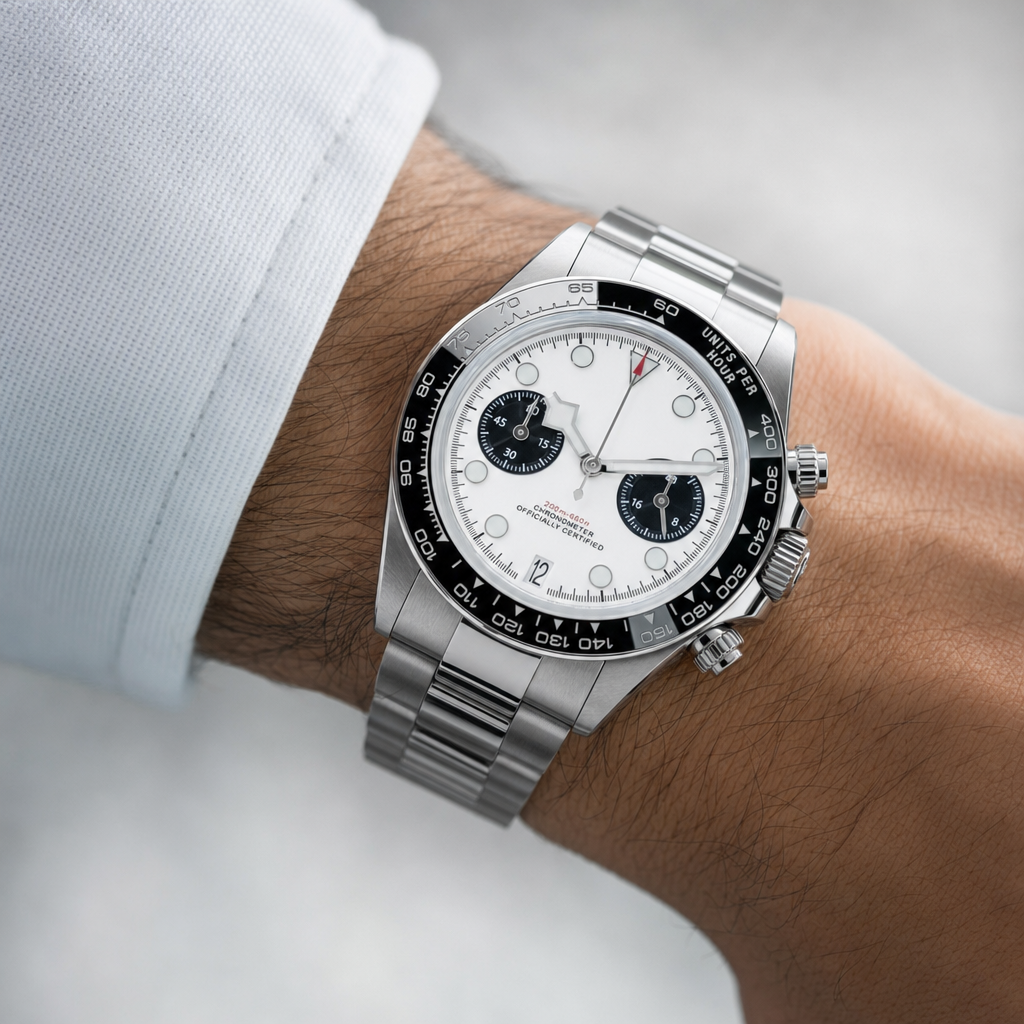 Montre Seiko mod SEIKODOR chrono blanche portée au poignet — Time2Seiko
