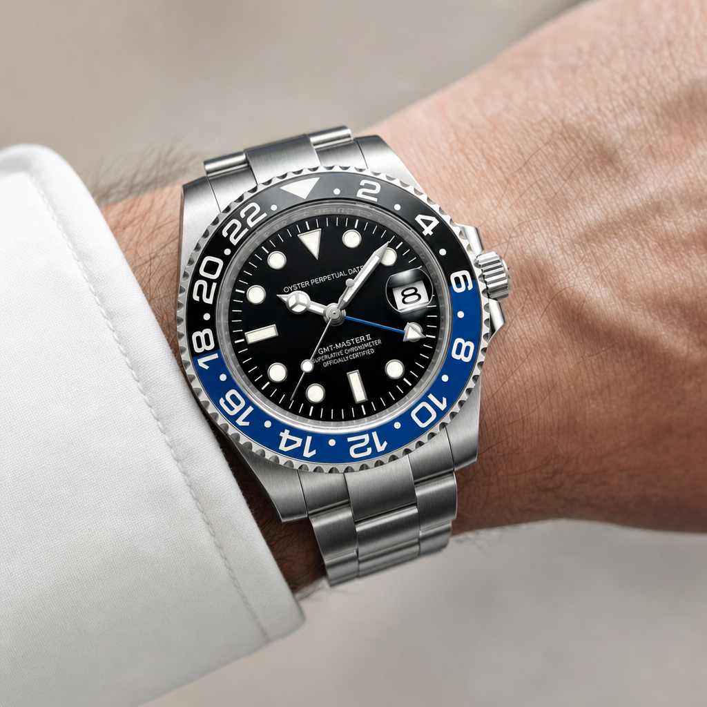 Montre Seiko mod SEIKO GMT batman portée au poignet — Time2Seiko