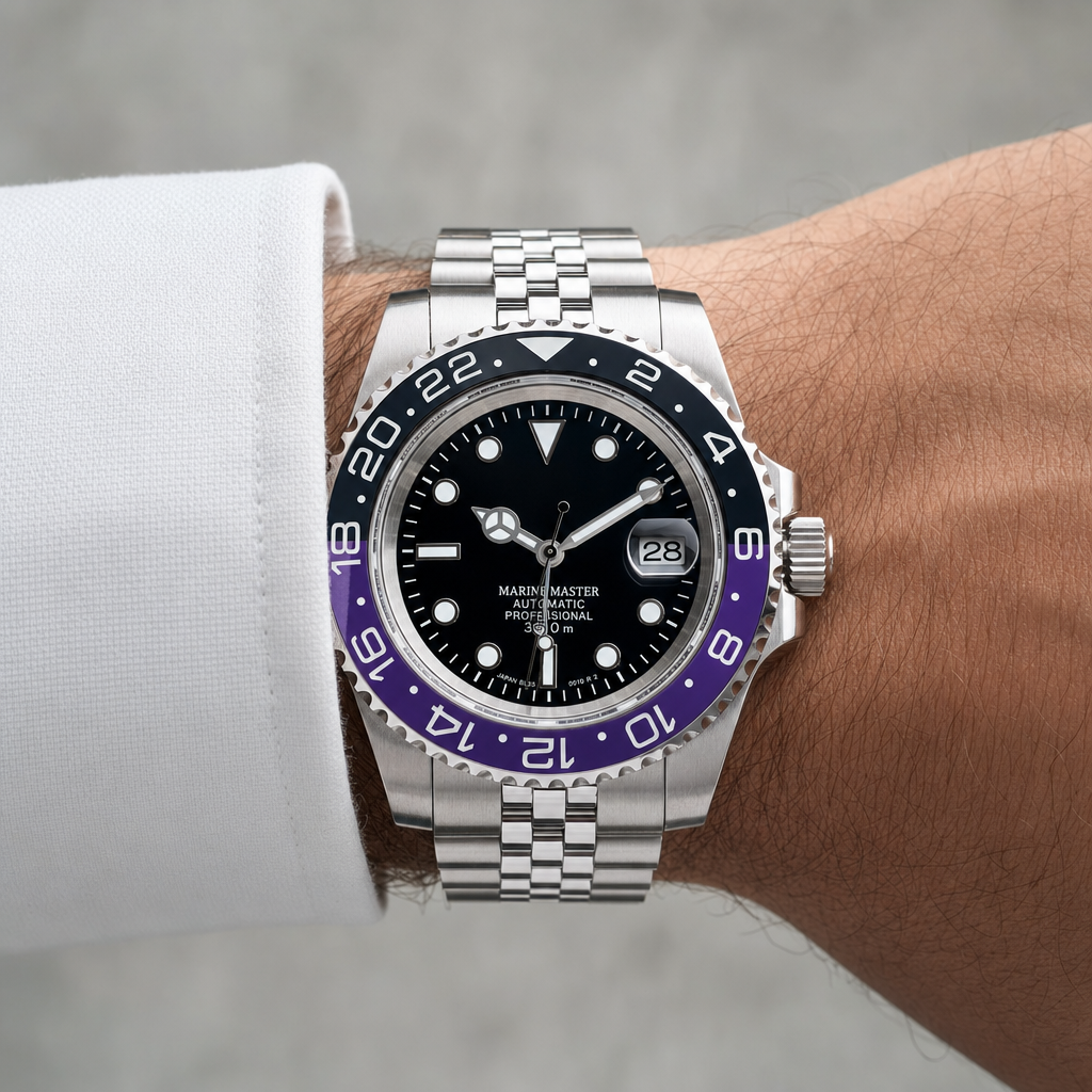 Montre Seiko mod SEIKOMARINER violet portée au poignet — Time2Seiko