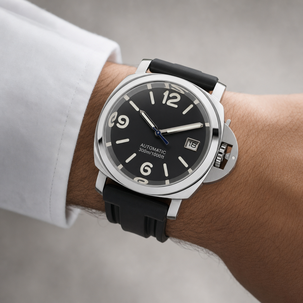 Montre Seiko mod SEIKOPANEI noire caoutchouc portée au poignet — Time2Seiko