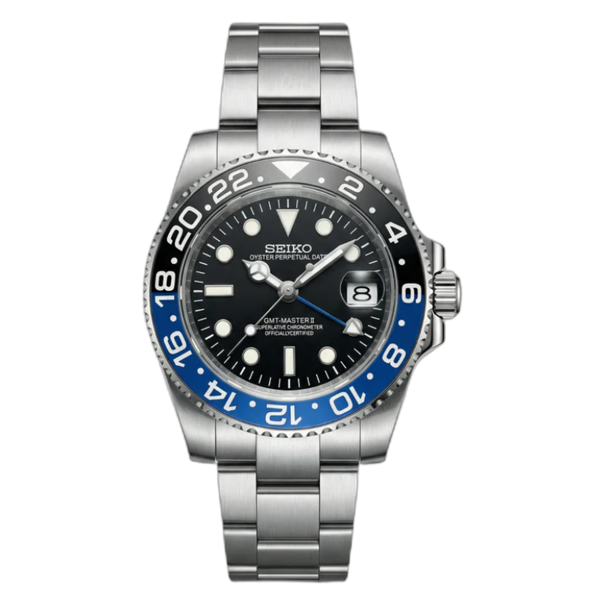 SEIKO GMT batman — packshot détouré GMT lunette bleu/noir acier — Seiko mod Time2Seiko