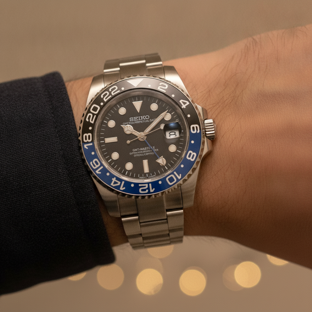 SEIKO GMT batman — montre portée au poignet bracelet oyster acier — Time2Seiko