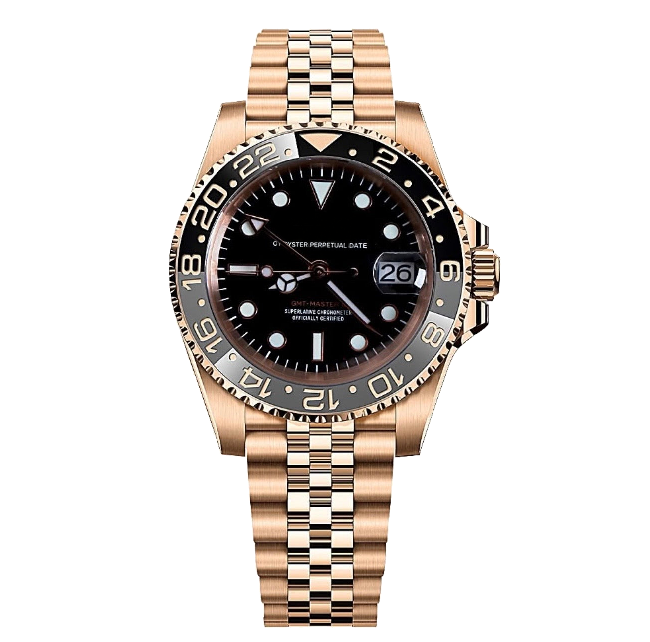 Montre Seiko mod SEIKO GMT or rose, sur fond blanc — Time2Seiko