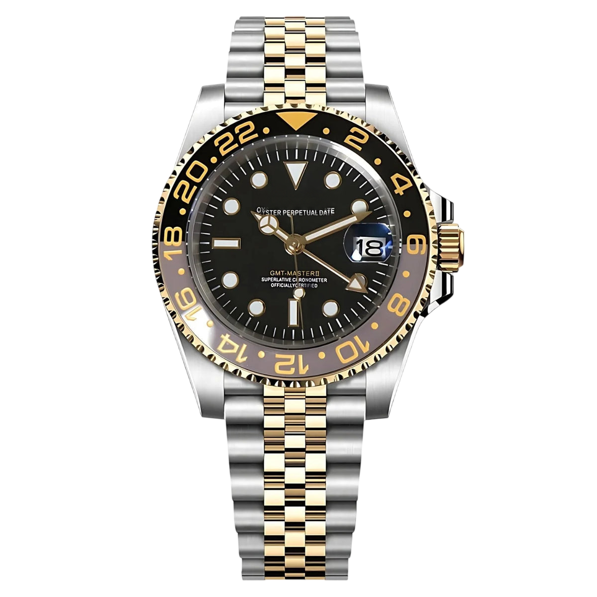 Montre Seiko mod SEIKO GMT two-tone noire, vue de face — Time2Seiko
