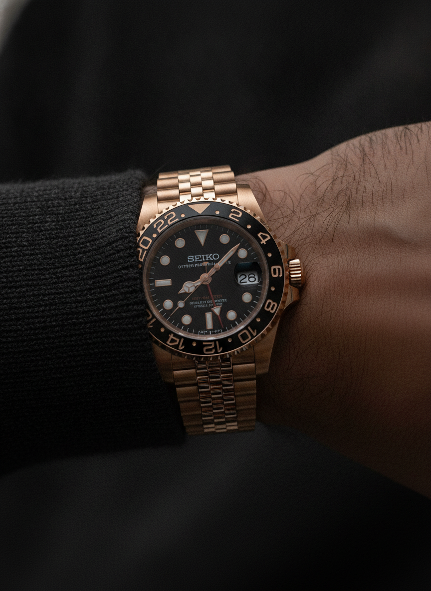 Montre Seiko Mod SEIKO GMT or rose portée au poignet