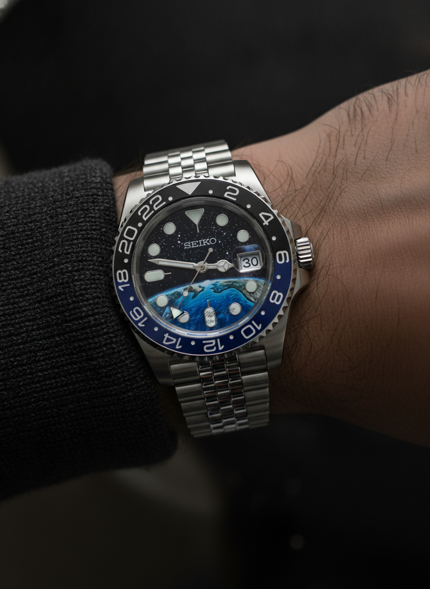 Montre Seiko Mod SEIKO GMT violet noire edition speciale portée au poignet