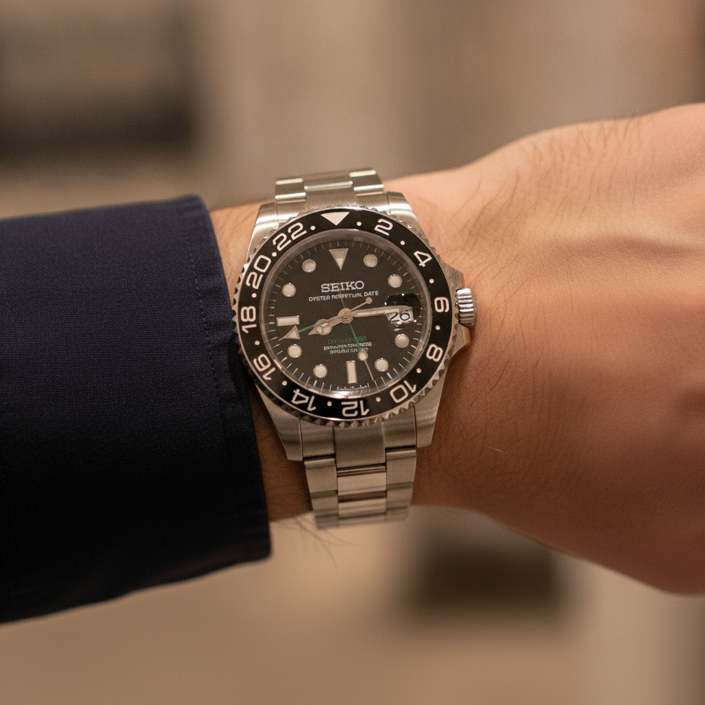 SEIKO GMT wayne — watch worn on the wrist, steel Oyster bracelet — Time2Seiko