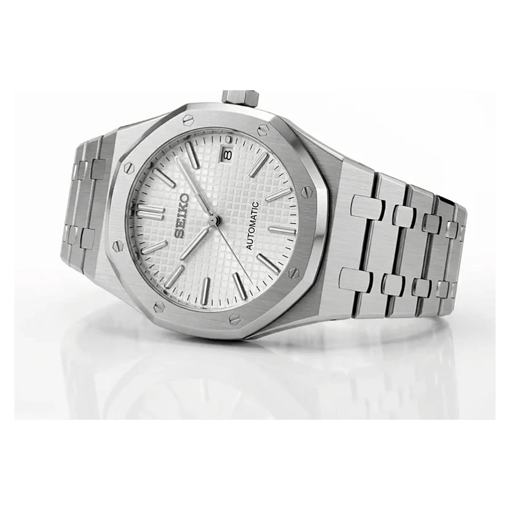 SEIKOAK blanche — vue 3/4 boîtier octogonal cadran tapisserie blanc — Seiko mod SEIKOAK Time2Seiko