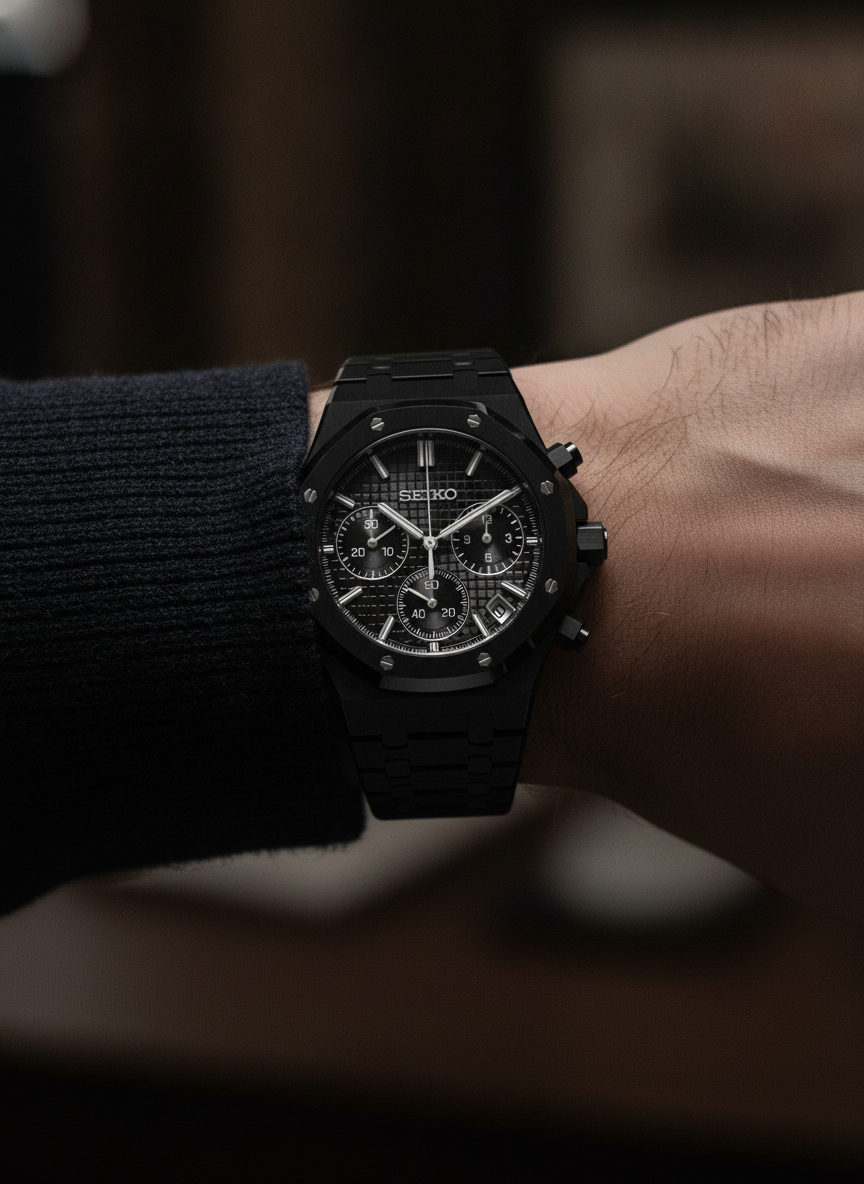 Montre Seiko Mod SEIKOAK chrono black edition portée au poignet