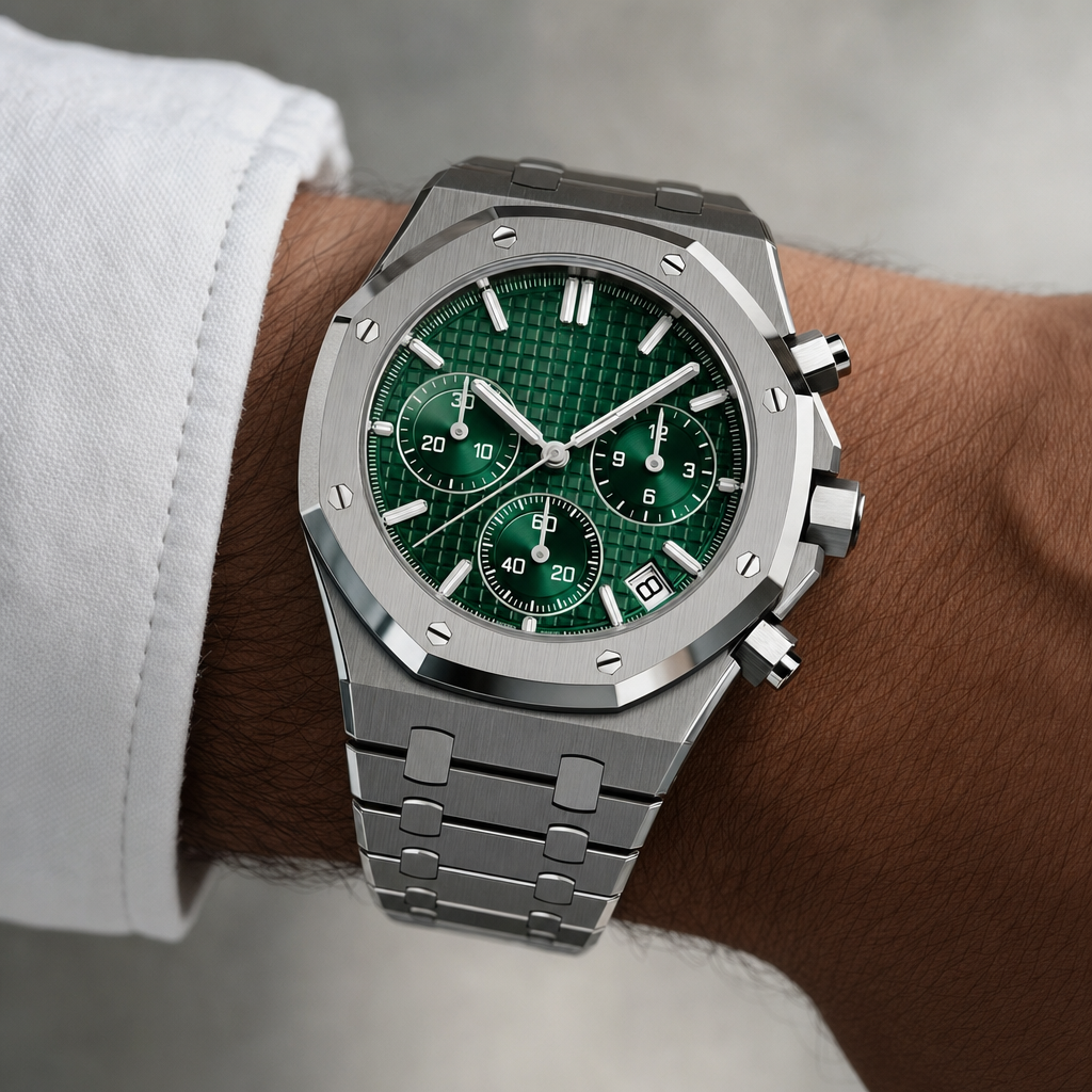 Montre Seiko mod SEIKOAK chronographe verte portée au poignet — Time2Seiko