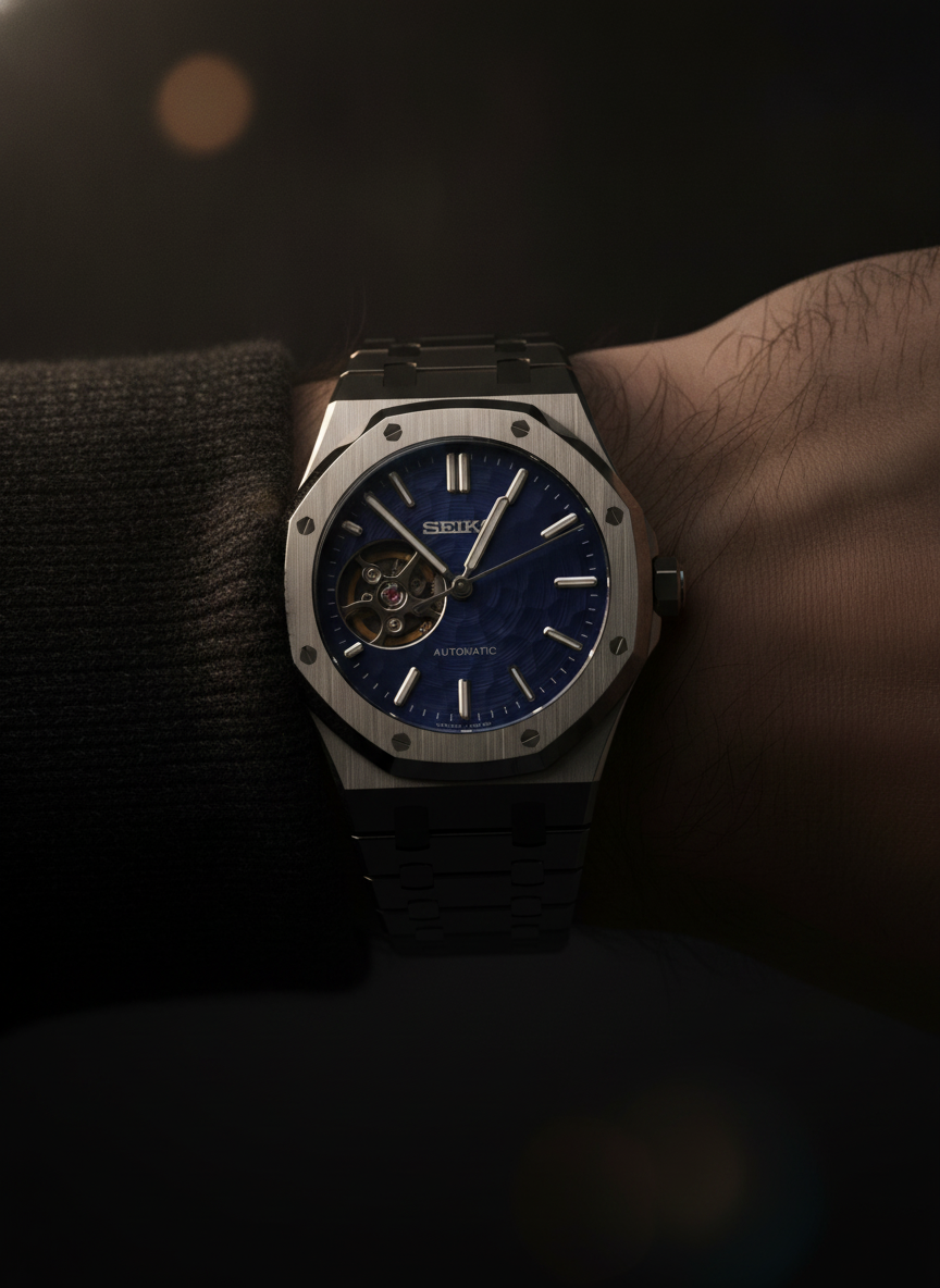 Montre Seiko Mod SEIKOAK cœur ouvert bleue portée au poignet