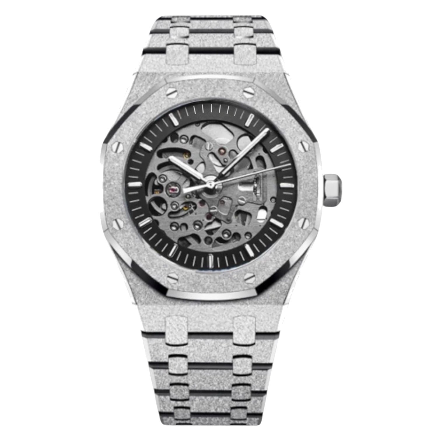Montre Seiko mod SEIKOAK frosted squelette, sur fond blanc — Time2Seiko