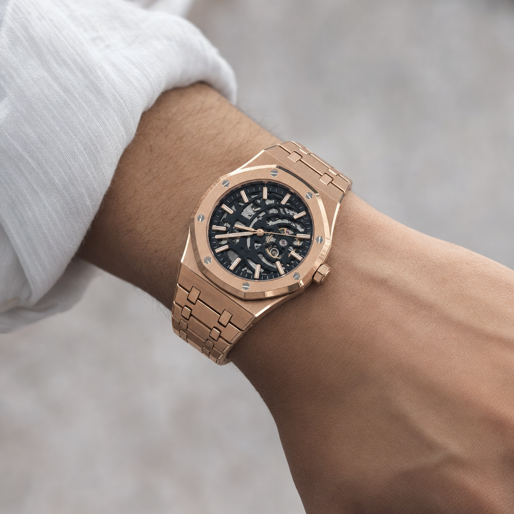 Montre Seiko mod SEIKOAK squelette rose edition speciale portée au poignet — Time2Seiko