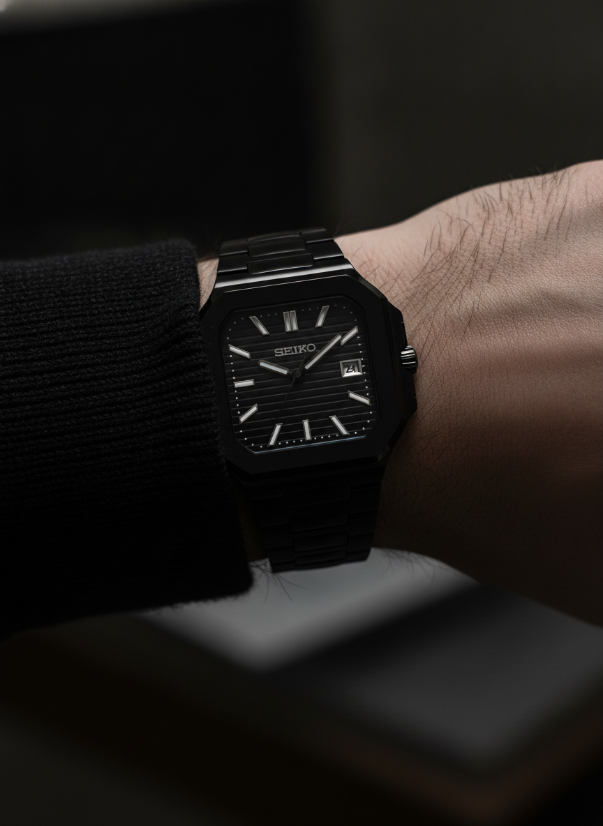Montre Seiko Mod SEIKOCUB black edition portée au poignet
