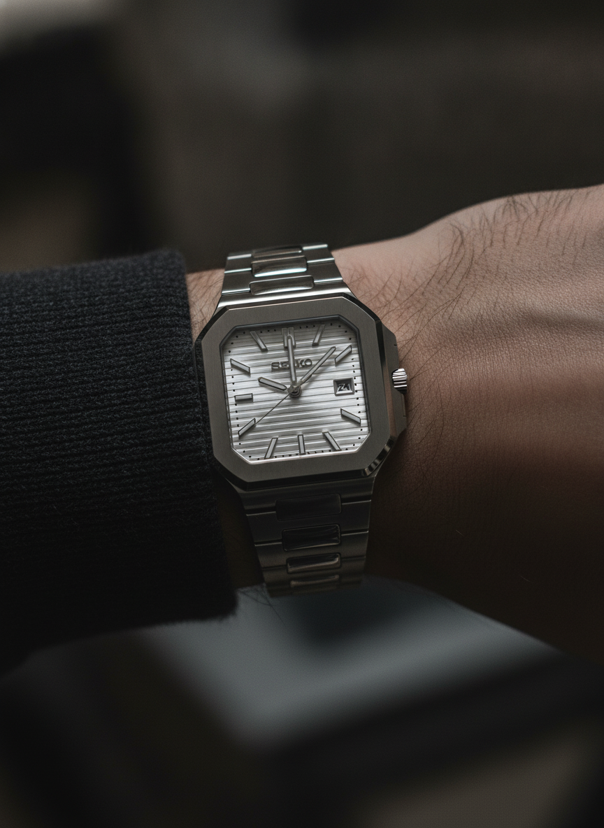 Montre Seiko Mod SEIKOCUB blanche portée au poignet