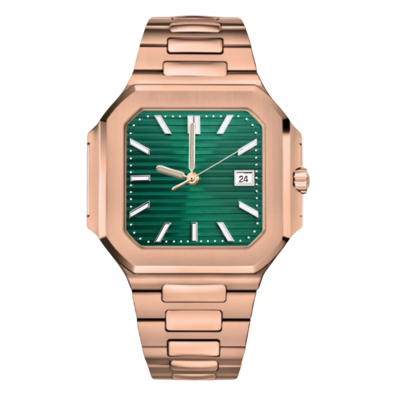 Montre Seiko mod SEIKOCUB or rose verte, sur fond blanc — Time2Seiko