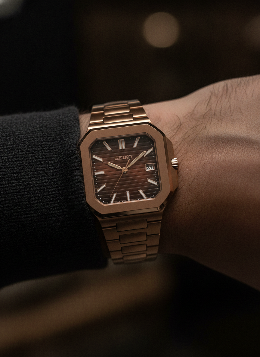 Montre Seiko Mod SEIKOCUB or rose marron portée au poignet