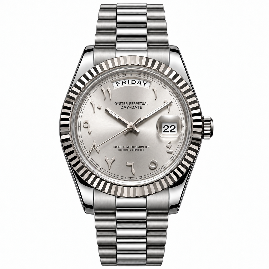SEIKODATE arabic argentée — montre automatique cadran argenté à chiffres arabes, bracelet Président acier