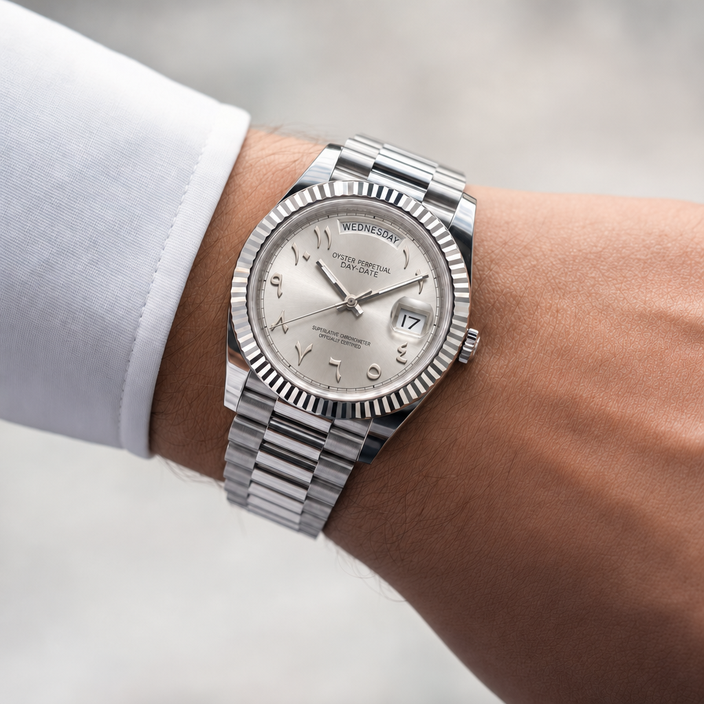 SEIKODATE arabic argentée portée au poignet, cadran argenté et bracelet Président acier