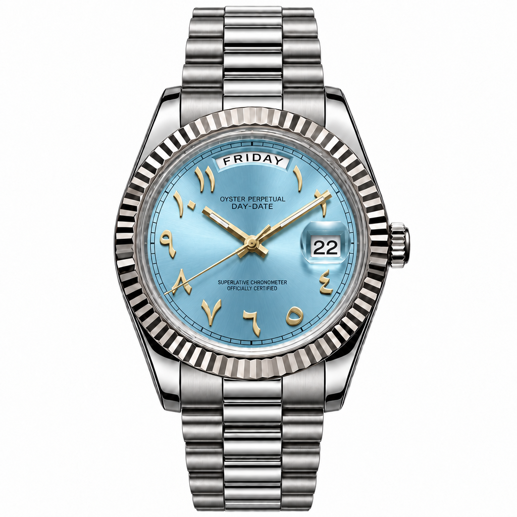 SEIKODATE arabic bleu ciel — montre automatique cadran bleu ciel à chiffres arabes, bracelet Président acier