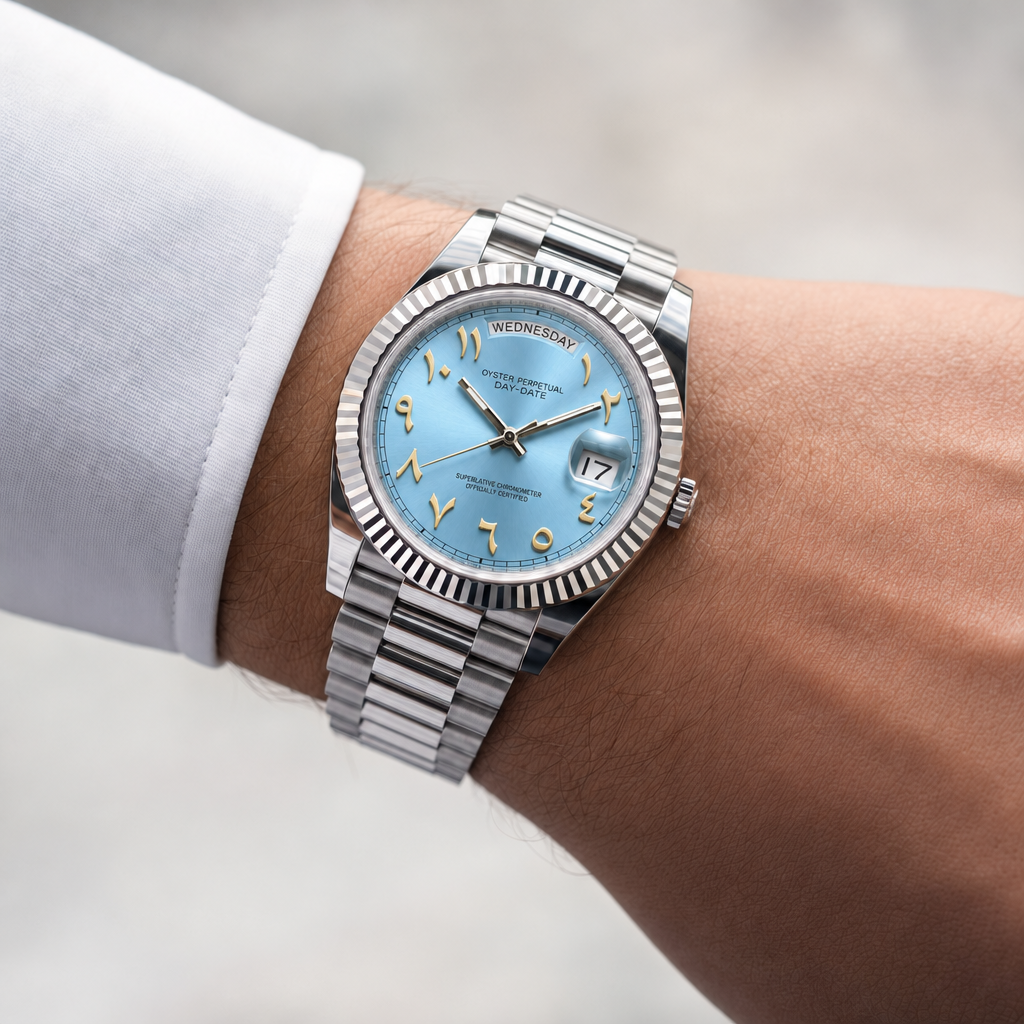 SEIKODATE arabic bleu ciel portée au poignet, cadran bleu ciel et bracelet Président acier