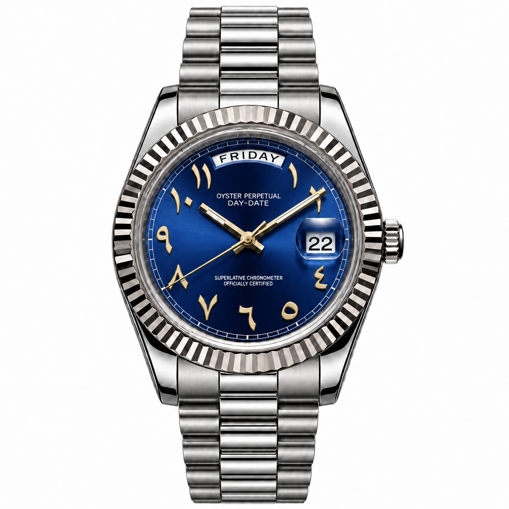 SEIKODATE arabic bleu nuit — cadran bleu nuit à chiffres arabes, bracelet Président acier