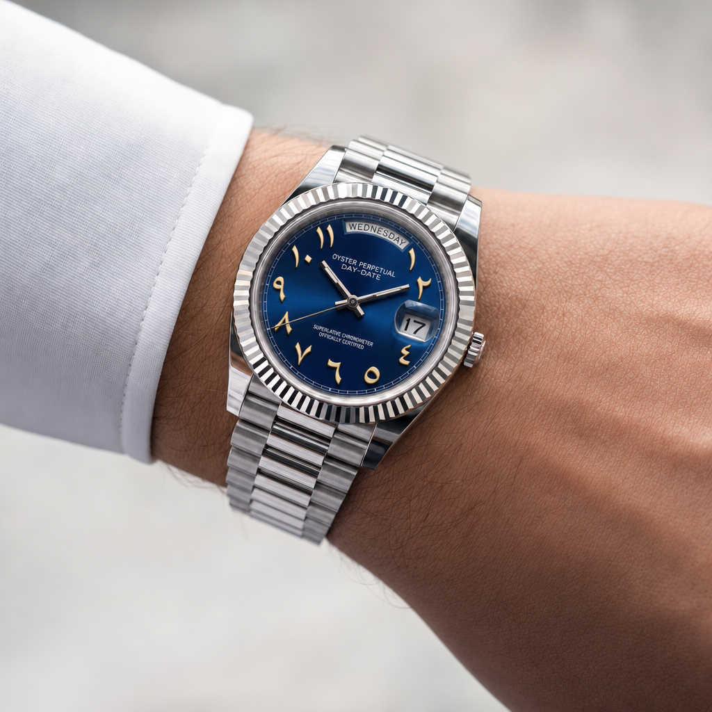 SEIKODATE arabic bleu nuit portée au poignet, cadran bleu nuit et bracelet Président acier