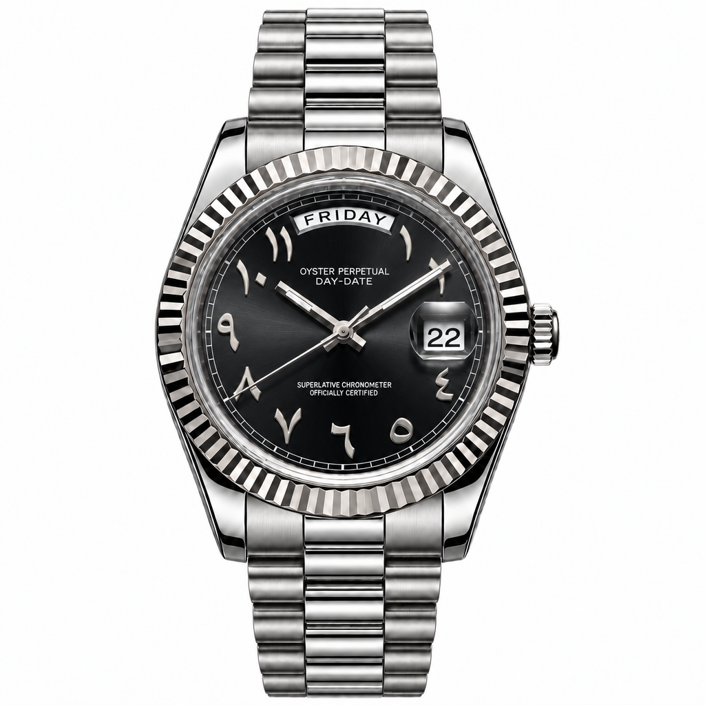 SEIKODATE arabic noire — montre automatique cadran noir à chiffres arabes, bracelet Président acier