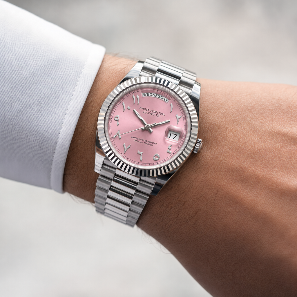 SEIKODATE arabic rose portée au poignet, cadran rose poudré et bracelet Président acier