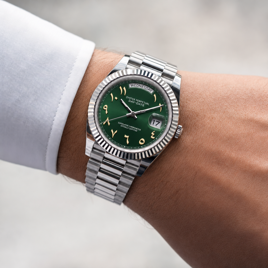 SEIKODATE arabic verte portée au poignet, cadran vert sapin et bracelet Président acier