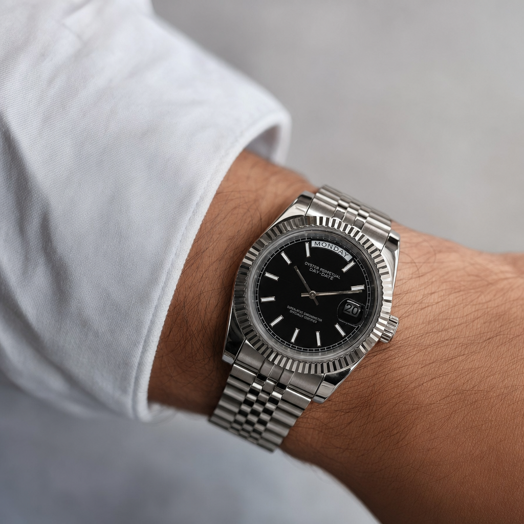 Montre Seiko mod SEIKODATE black portée au poignet — Time2Seiko