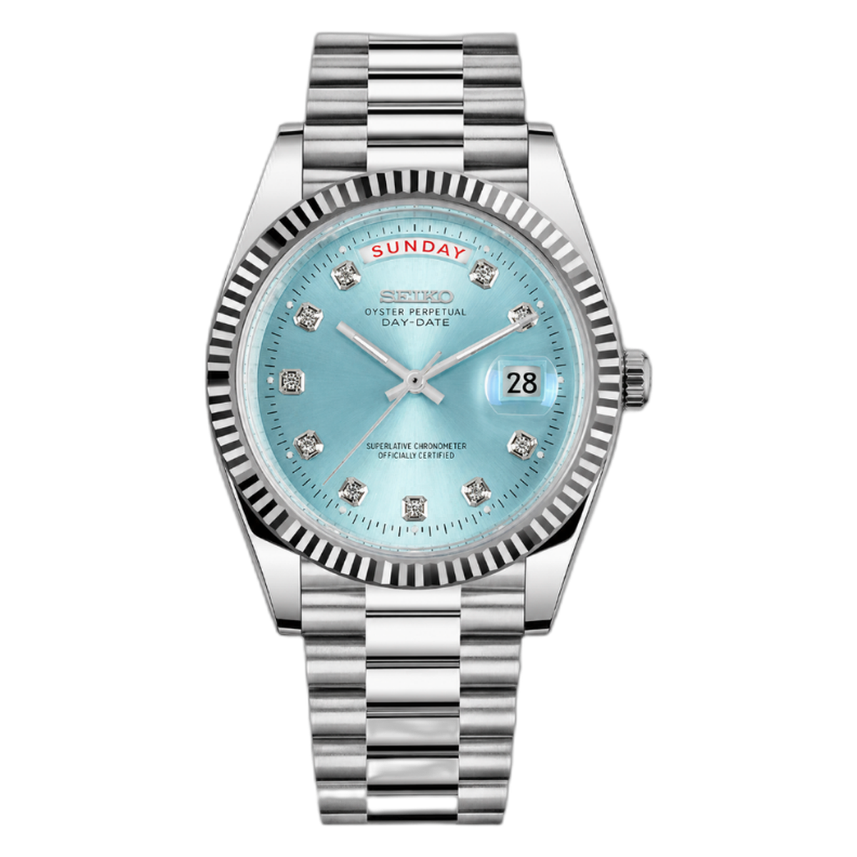 SEIKODATE bleu glacier diamants — cut-out packshot, ice-blue Day-Date dial, diamond markers — Seiko mod Time2Seiko
