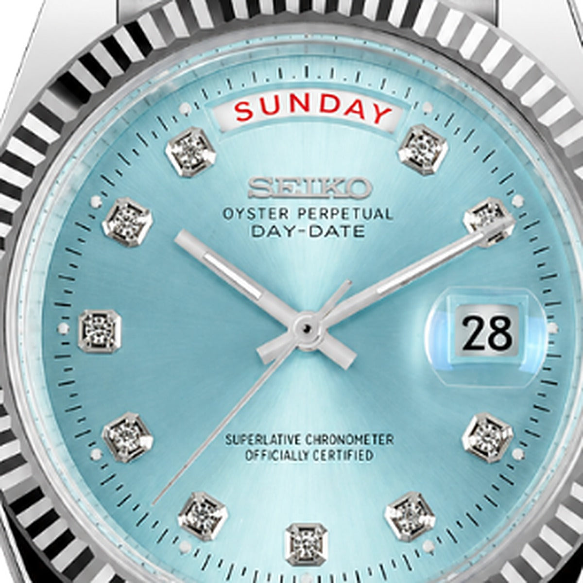 SEIKODATE bleu glacier diamants — ice-blue dial close-up, diamond markers — Time2Seiko