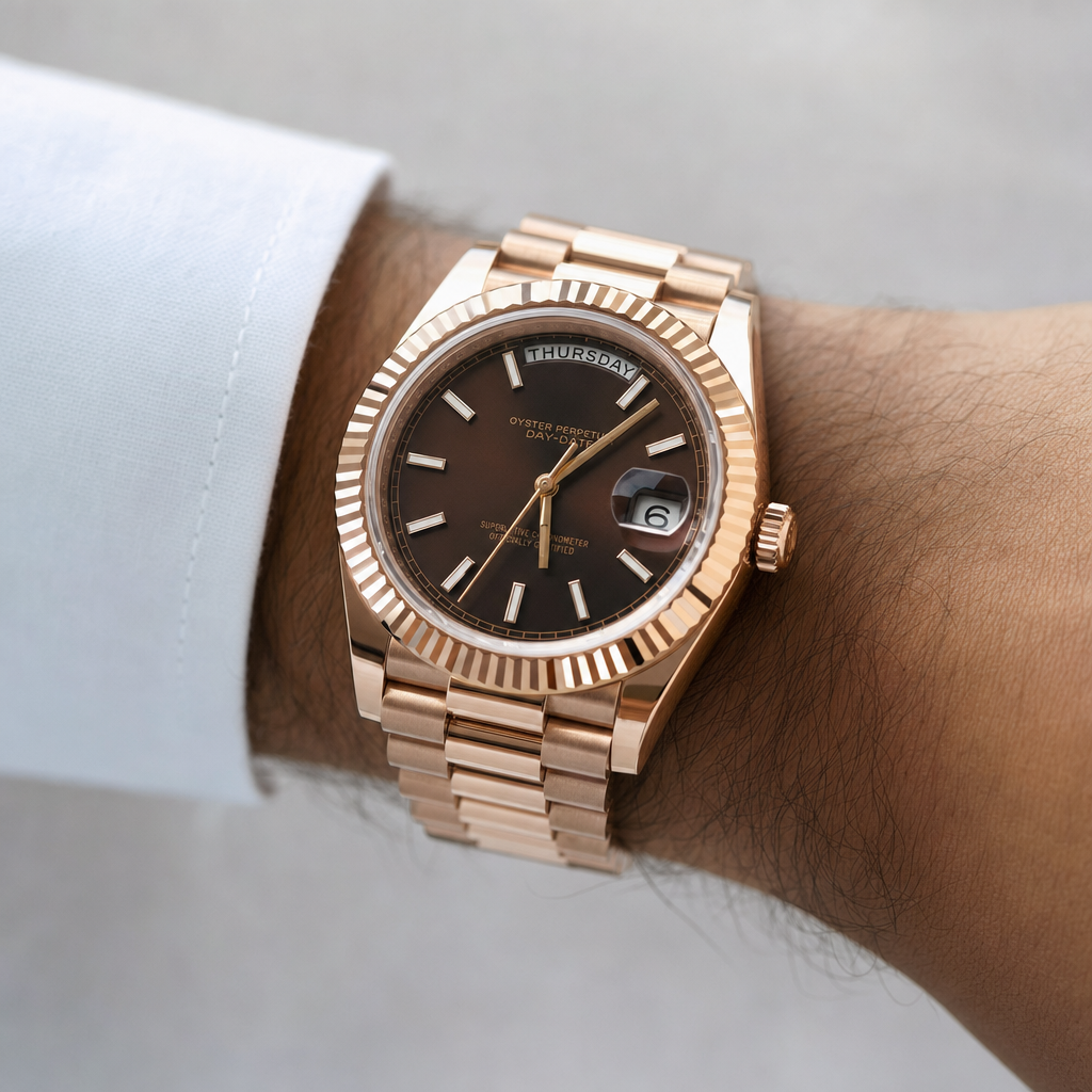 Montre Seiko mod SEIKODATE chocolat portée au poignet — Time2Seiko