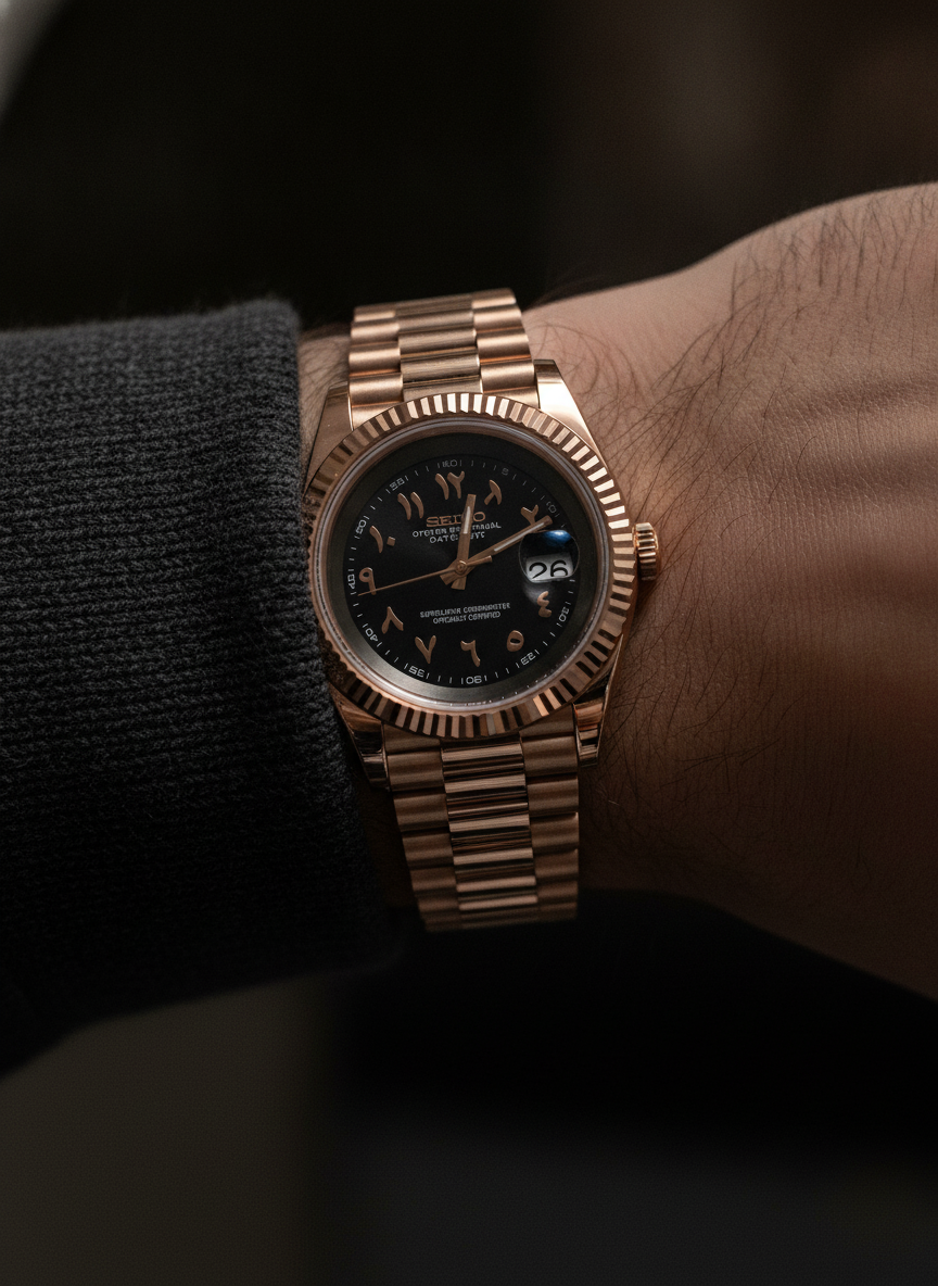 Montre Seiko Mod SEIKODATE noire or rose arabic portée au poignet