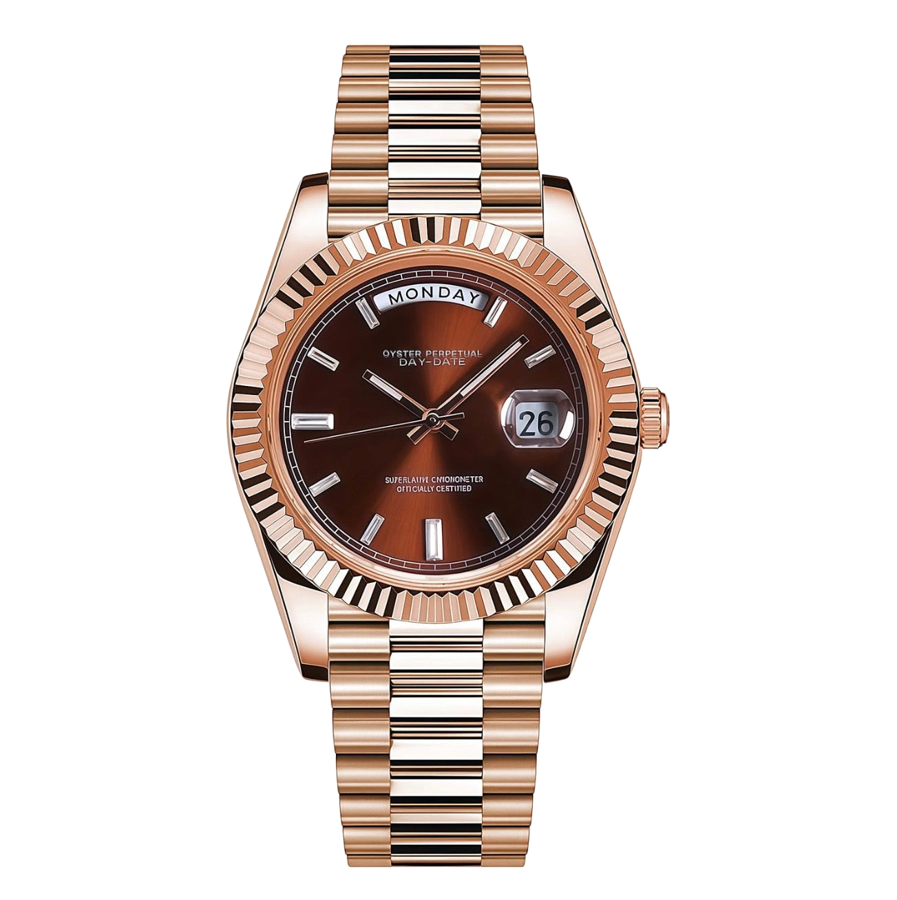 Montre Seiko mod SEIKODATE or rose chocolat, sur fond blanc — Time2Seiko