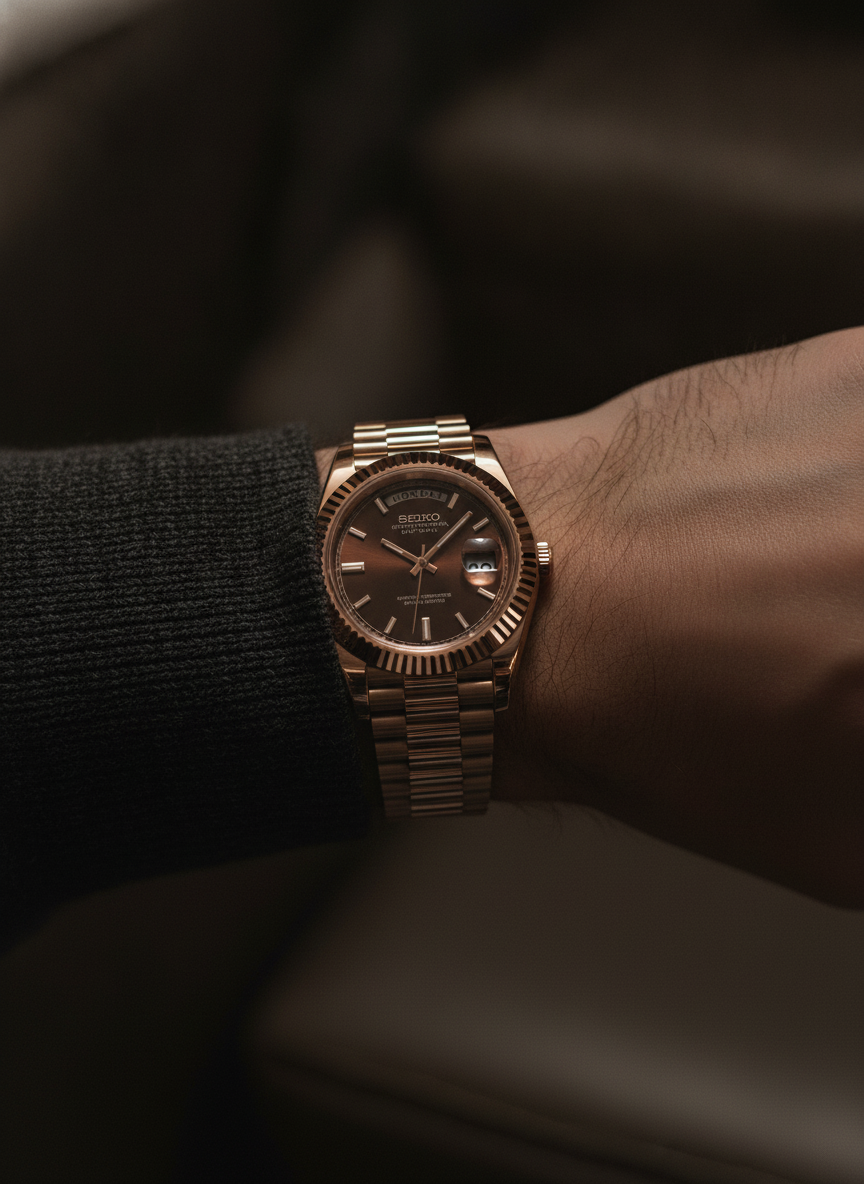 Montre Seiko Mod SEIKODATE or rose chocolat portée au poignet