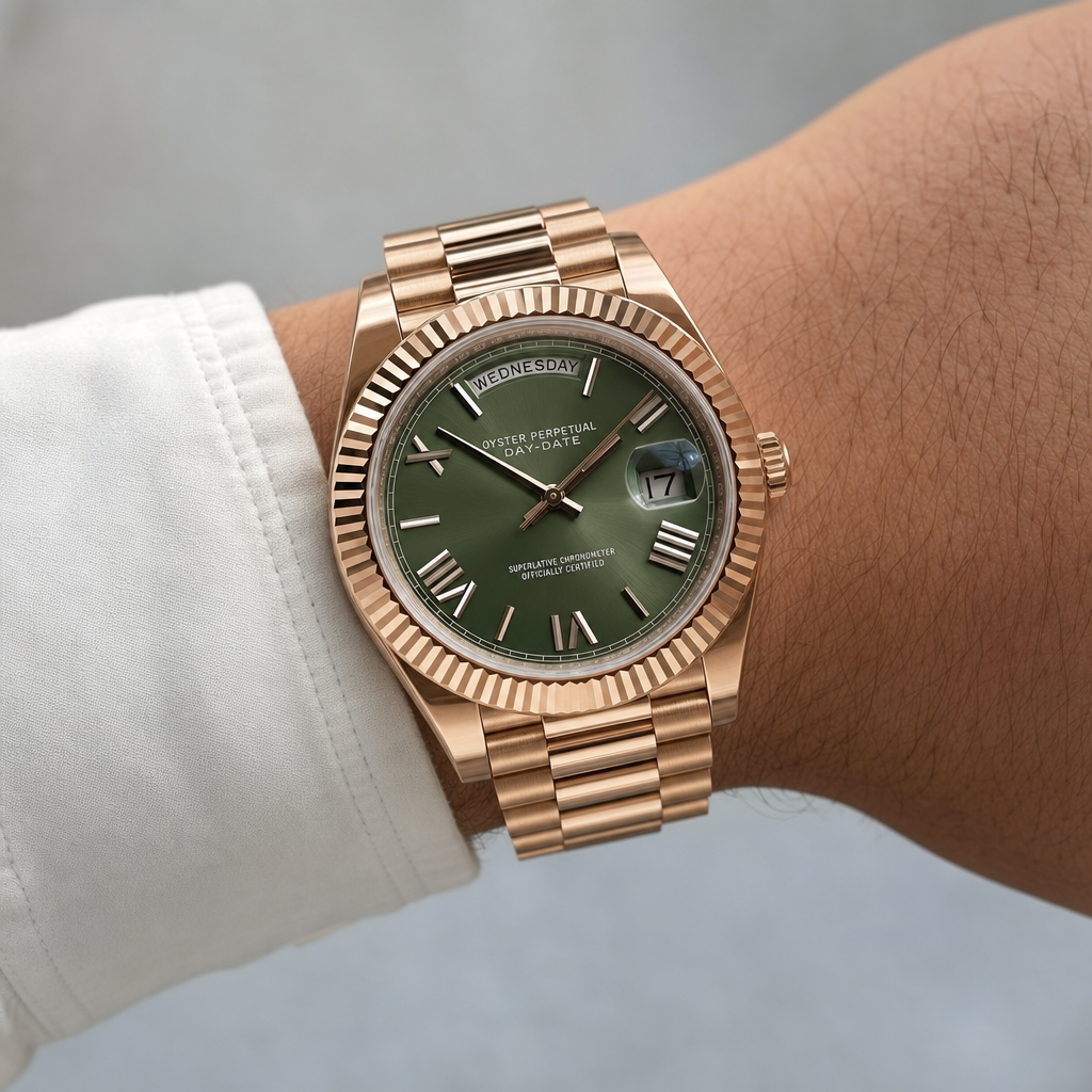 Montre Seiko mod SEIKODATE or rose olive-green roman portée au poignet — Time2Seiko