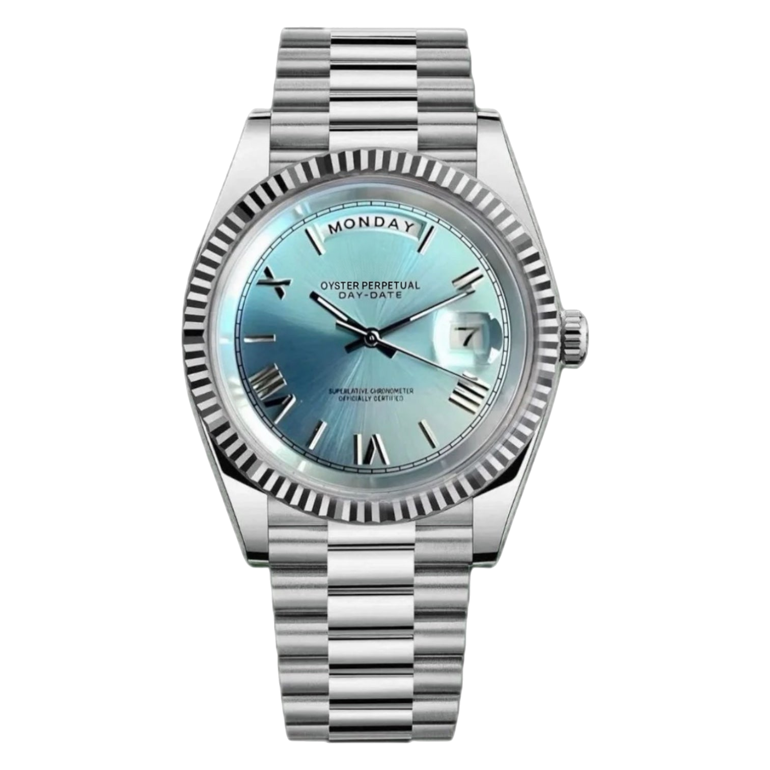 Montre Seiko mod SEIKODATE roman bleu glacier, sur fond blanc — Time2Seiko