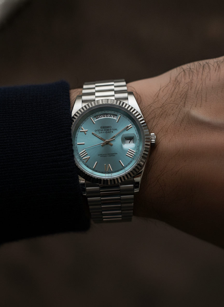 Montre Seiko Mod SEIKODATE roman bleu glacier portée au poignet