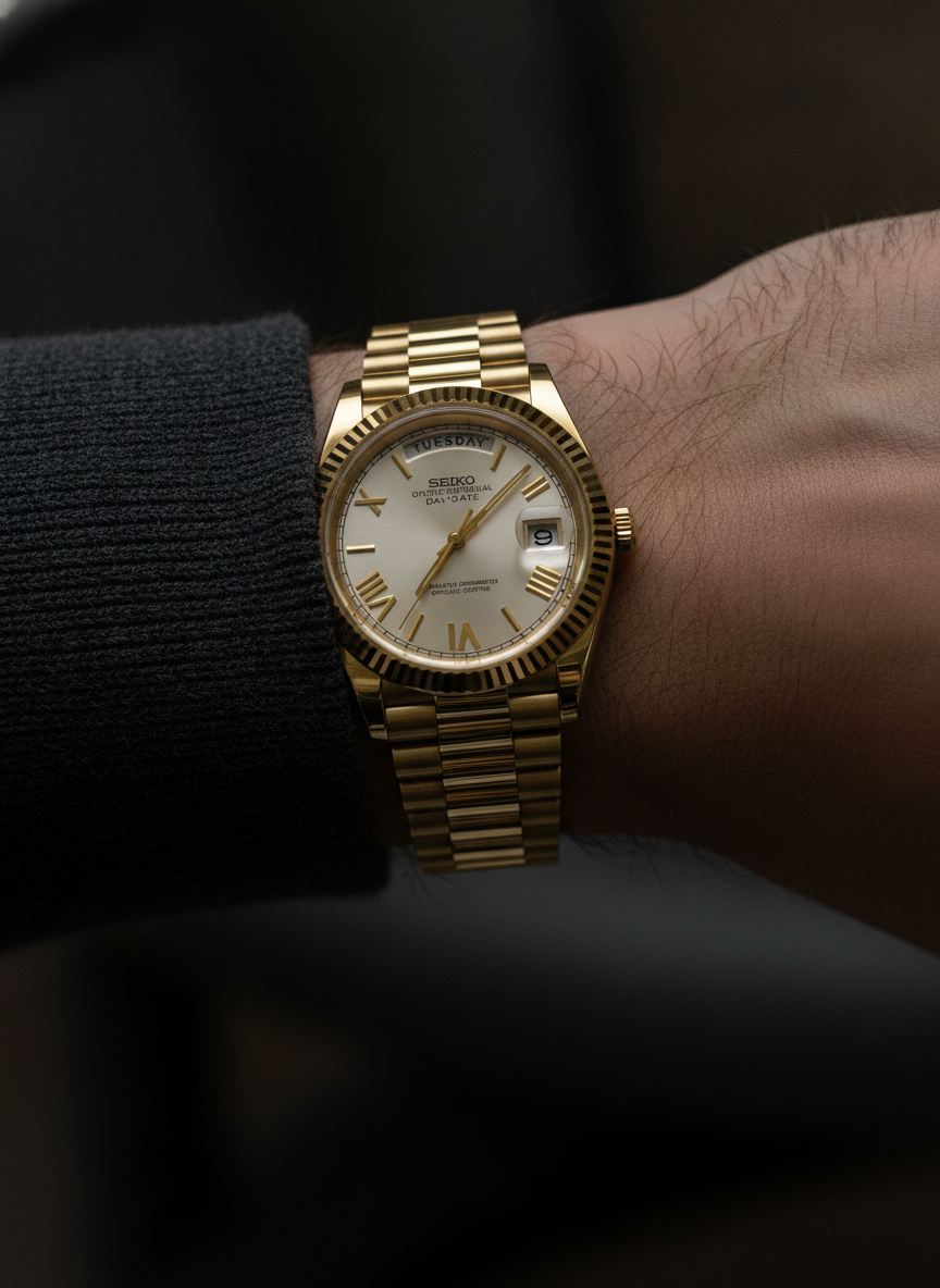 Montre Seiko Mod SEIKODATE roman or blanche portée au poignet