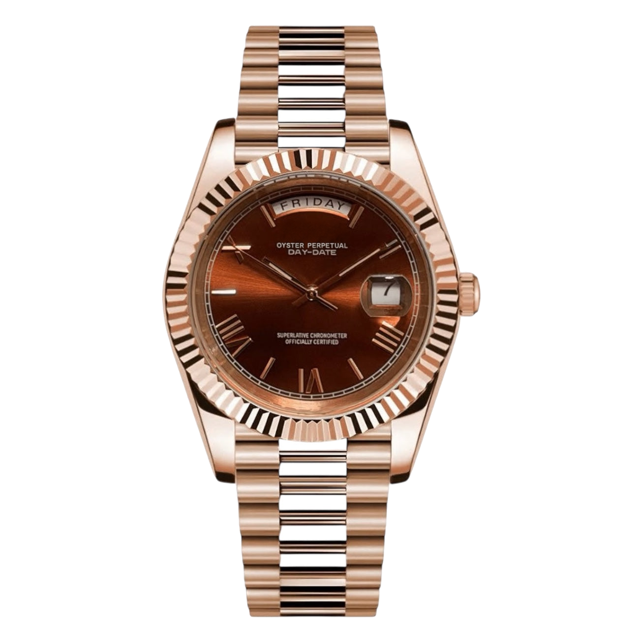 Montre Seiko mod SEIKODATE roman or rose chocolat, sur fond blanc — Time2Seiko