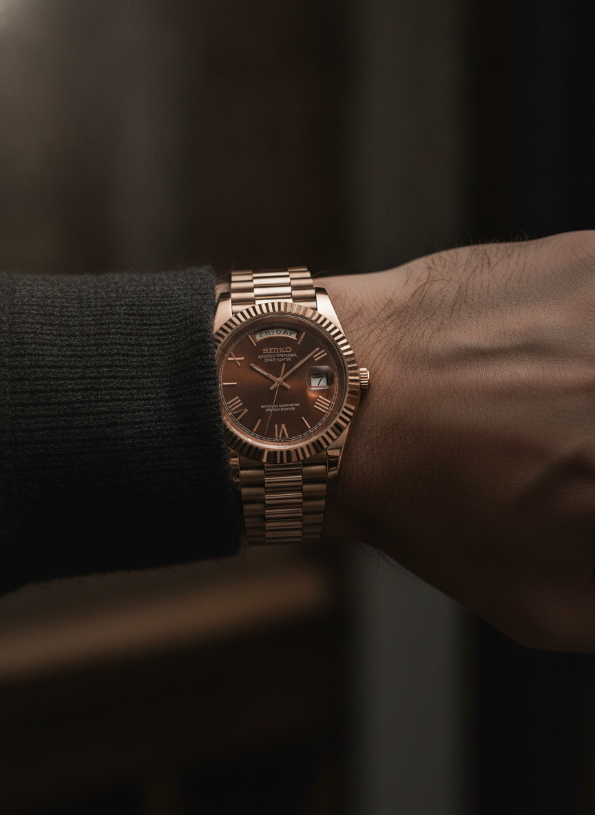 Montre Seiko Mod SEIKODATE roman or rose chocolat portée au poignet