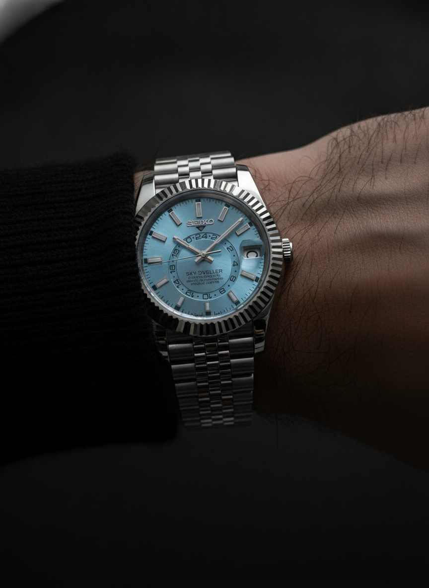 Montre Seiko Mod SEIKODWELLER bleu glacier II portée au poignet