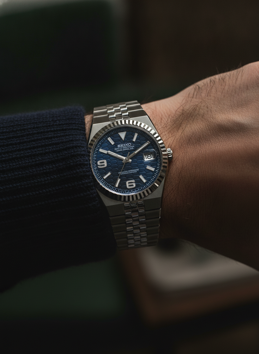 Montre Seiko Mod SEIKODWELLER bleu marine portée au poignet