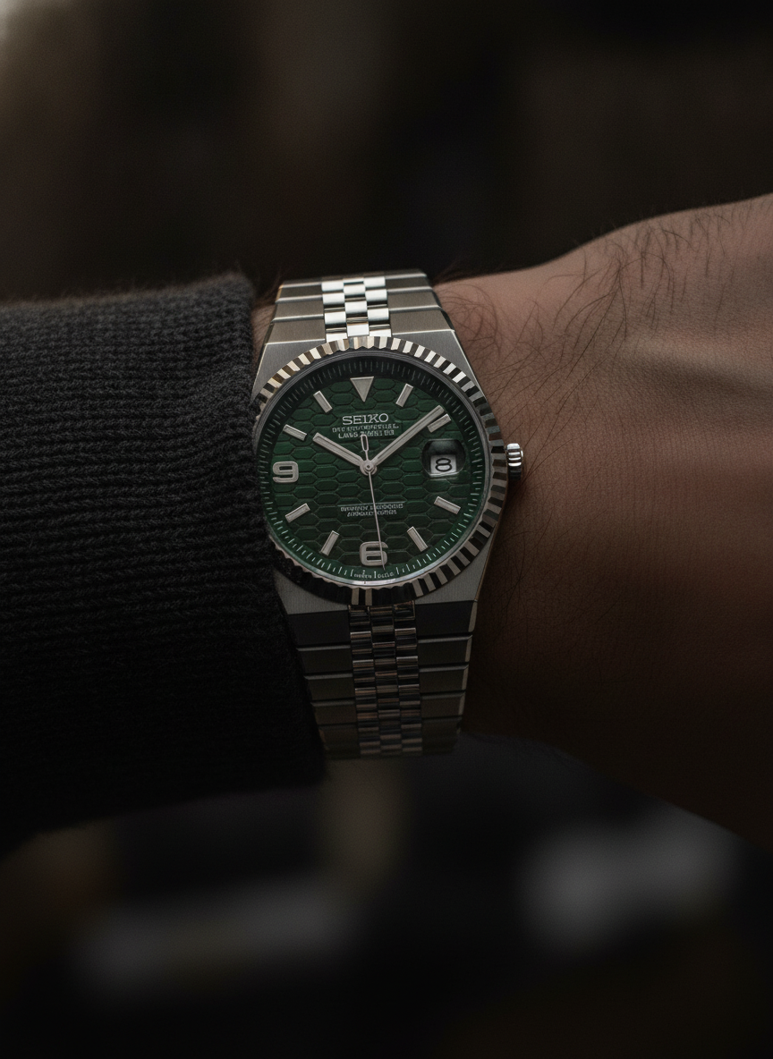 Montre Seiko Mod SEIKODWELLER verte portée au poignet