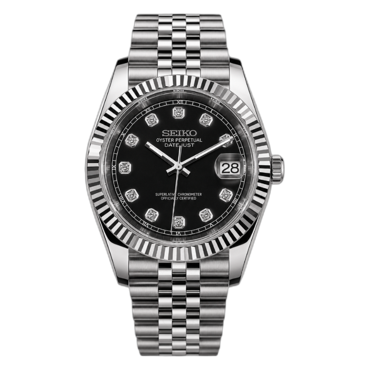 SEIKOJUST black diamond — cut-out packshot, black Datejust dial, diamond markers — Seiko mod Time2Seiko
